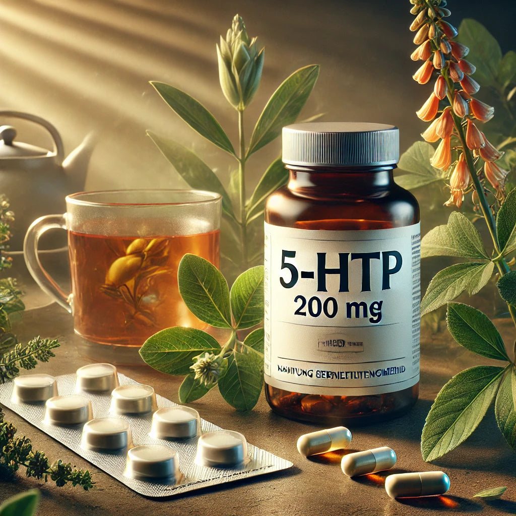 Afbeelding van een 5-HTP-voedingssupplementflesje met een leesbaar etiket “5-HTP 200 mg”