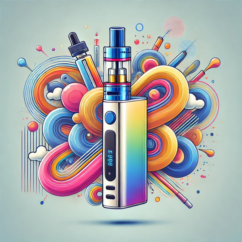Minimalistische 2D-grafiek van een RandM Tornado 7000 Vape-apparaat met een transparante tank, omringd door kleurrijke rookwervels en gestileerde E-Liquid-elementen.
