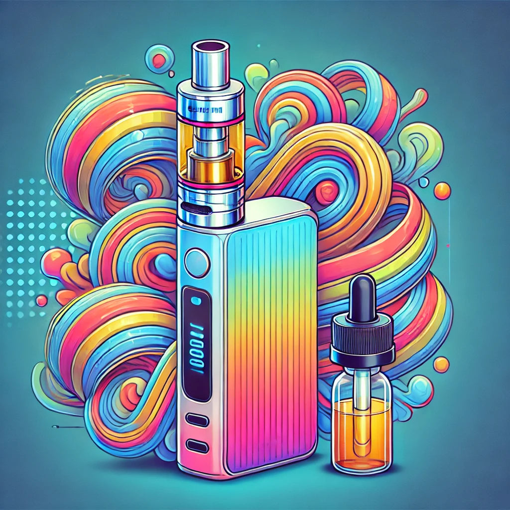 Bonte 2D-grafiek van een RandM Tornado 7000 Vape-Pen met vloeiende, abstracte rookwervels en een E-Liquid-fles op de voorgrond.