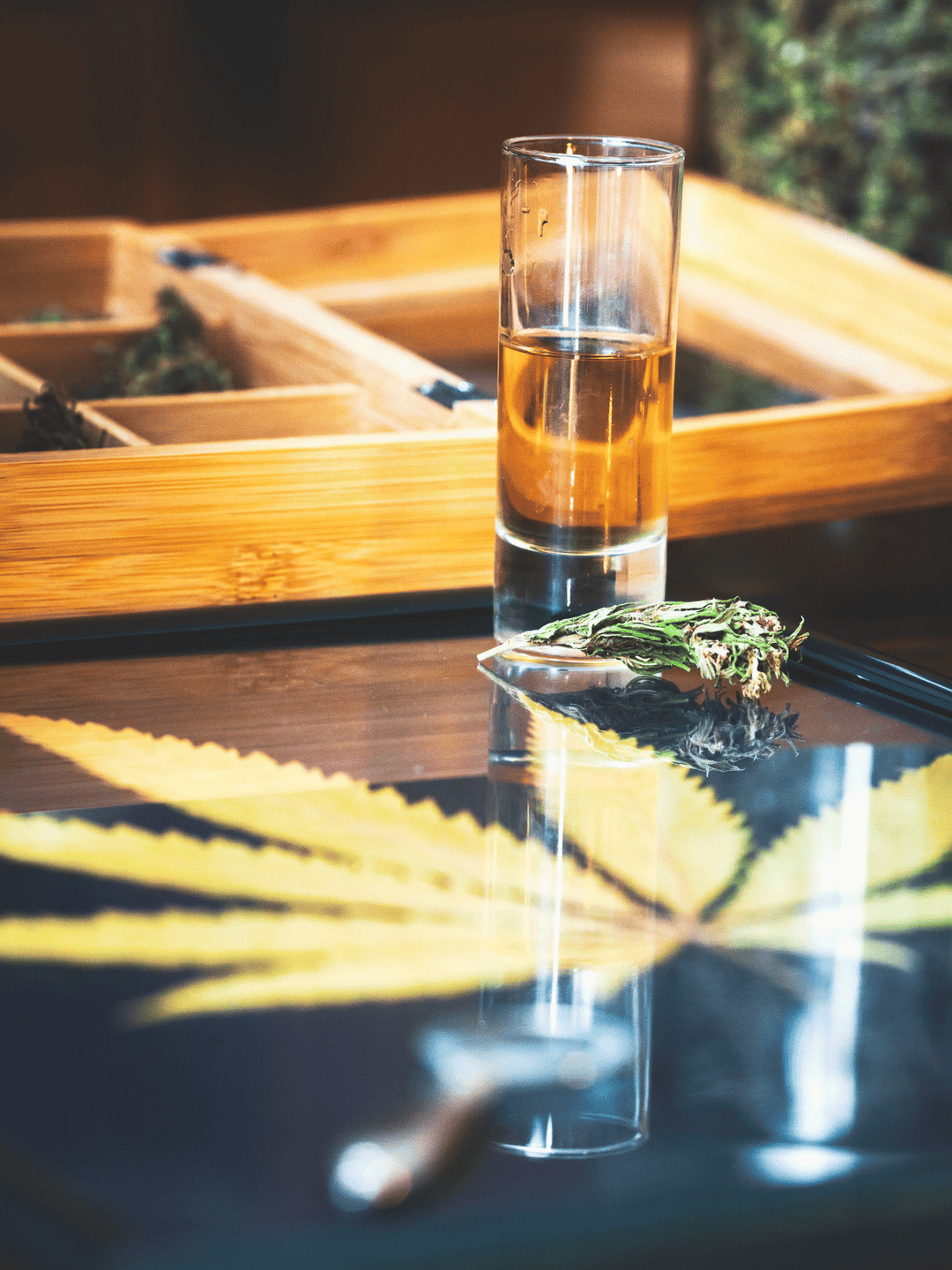 Kannabisz likőr egy pohárban egy pulton