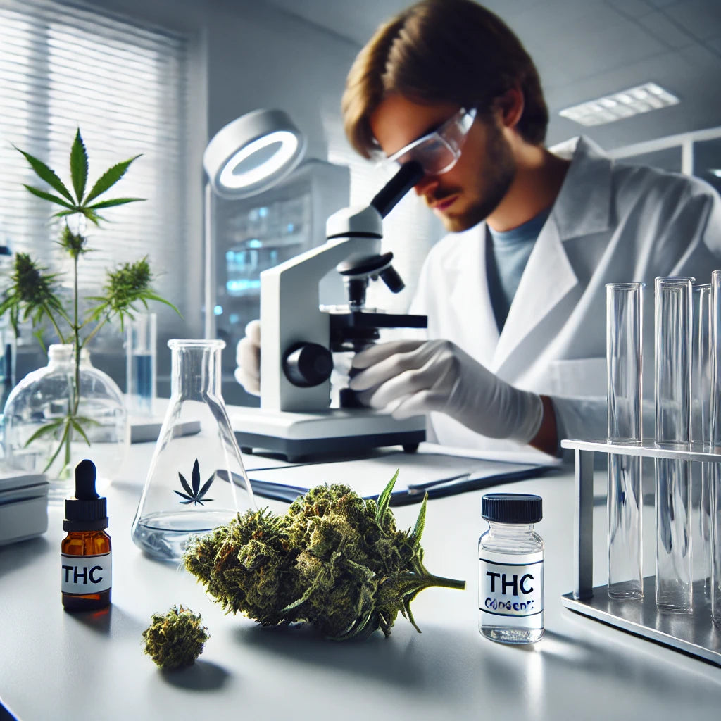 Laboranalyse van een cannabisbloem voor THC-bepaling met een labtechnicus en professioneel laboratoriumapparatuur.