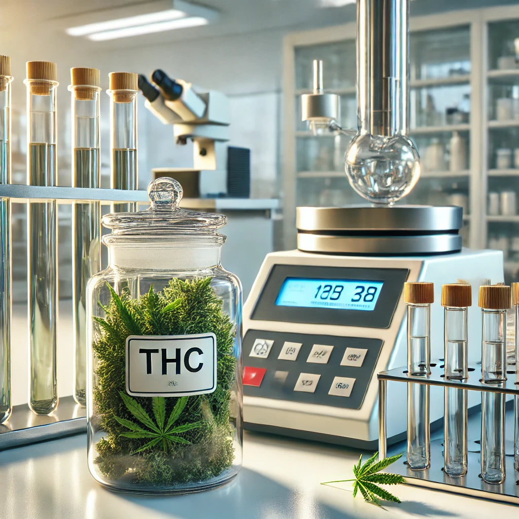 Close-up van laboratoriumapparatuur zoals een chromatografie-machine en testglazen met cannabisproeven voor THC-analyse in een professioneel laboratorium.
