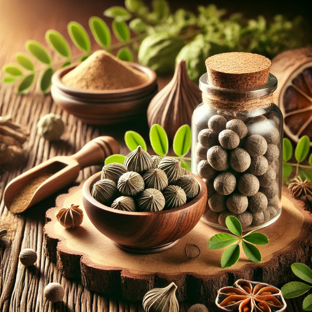 Triphala-capsules naast glazen flesje, houten schaaltje met poeder en ayurvedische vruchten