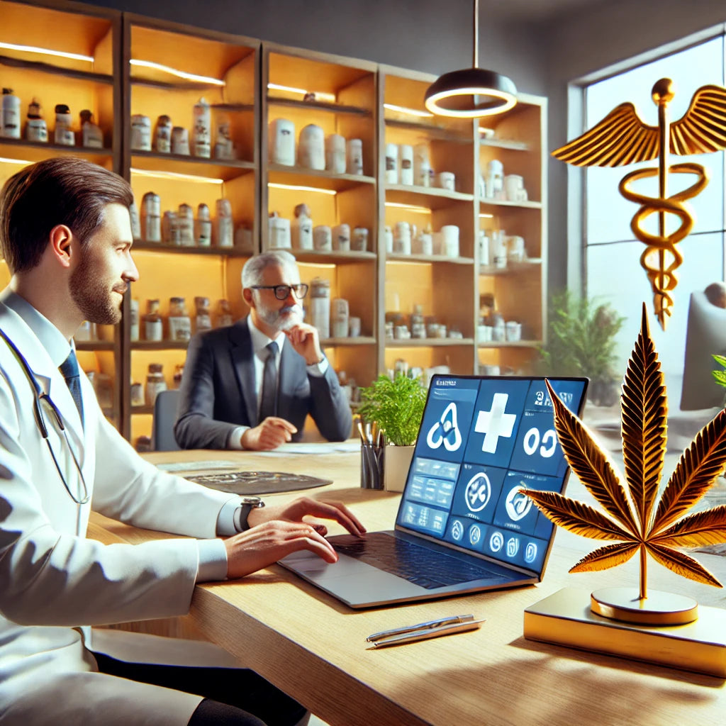 Um consultório médico moderno e digital com um portátil em cima da secretária