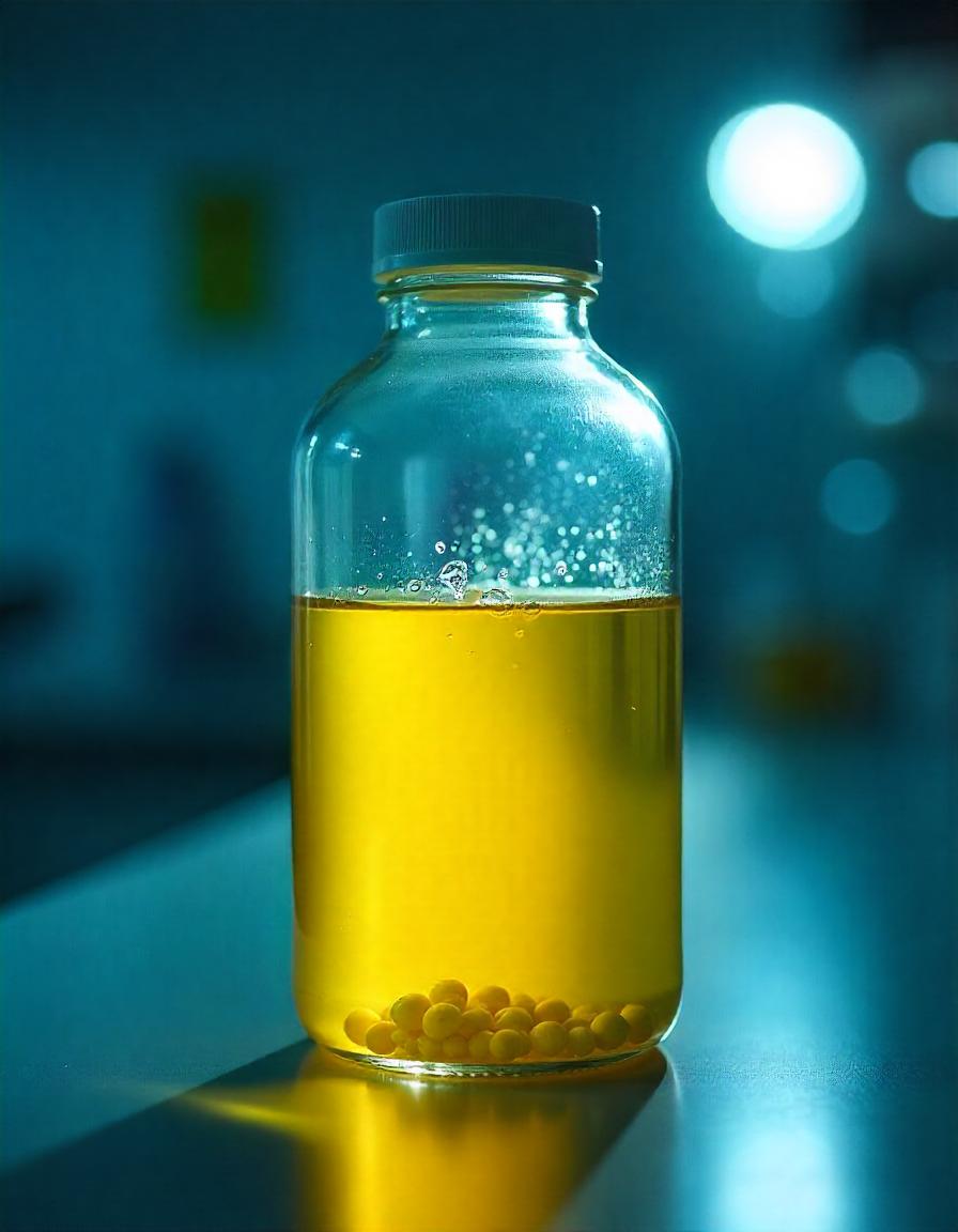 Garrafa com urina artificial para testes de drogas, visível numa embalagem transparente.