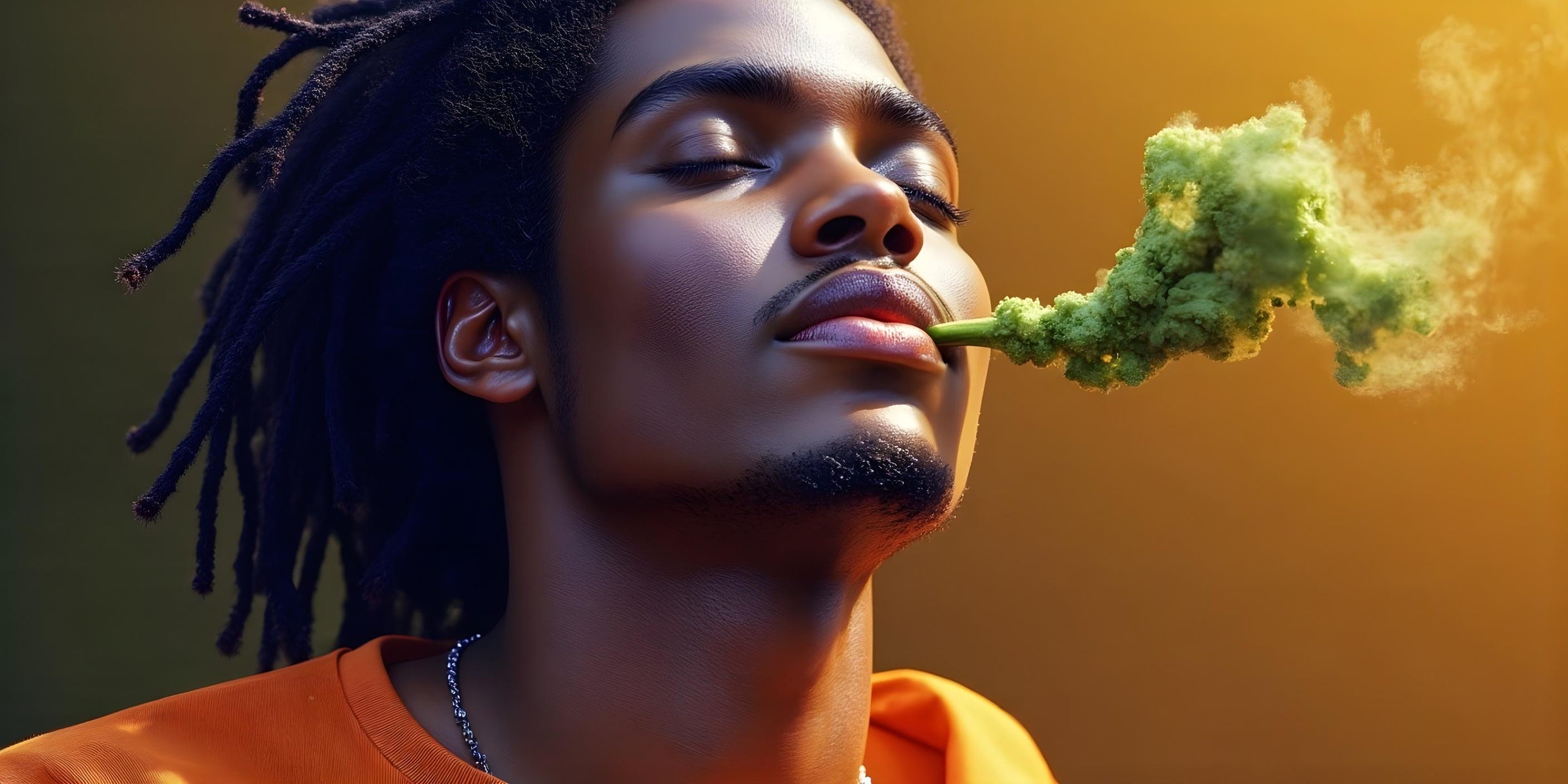 Retrato de un joven con los ojos cerrados y rastas, que exhala relajadamente humo verde, frente a un fondo cálido y dorado.
