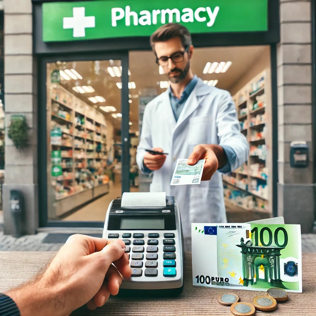 Klant betaalt in een moderne apotheek met eurobankbiljetten en munten