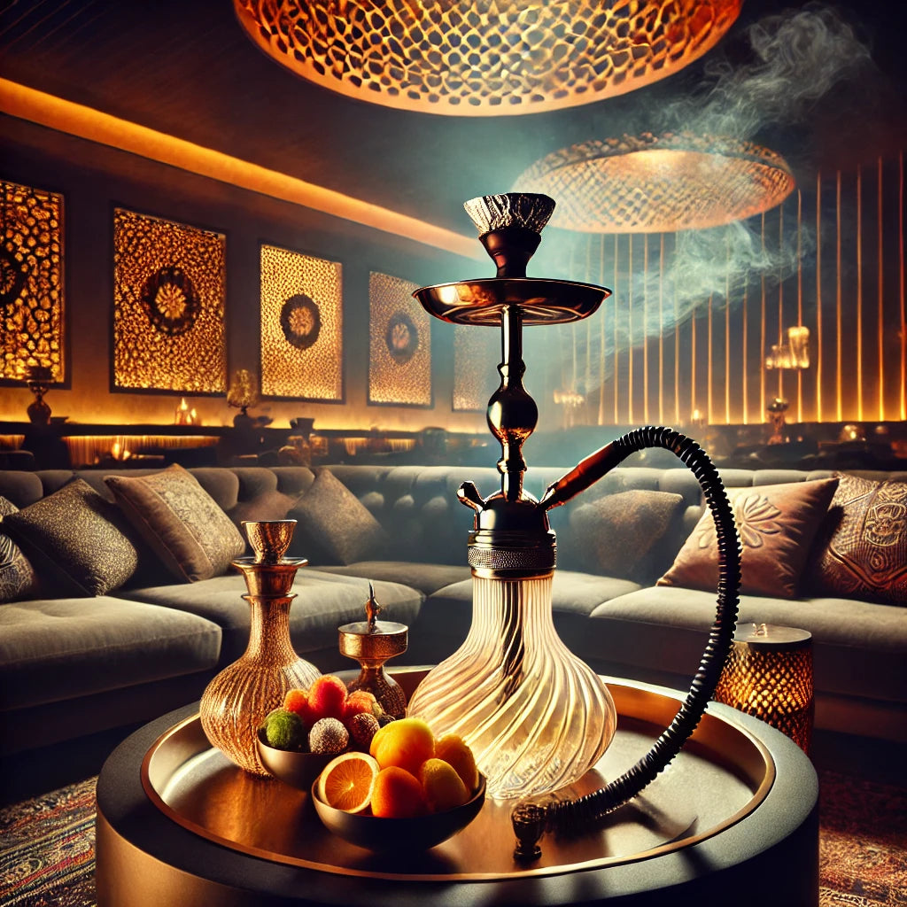 Luxe Shisha-setup in een stijlvolle lounge met een elegante waterpijp