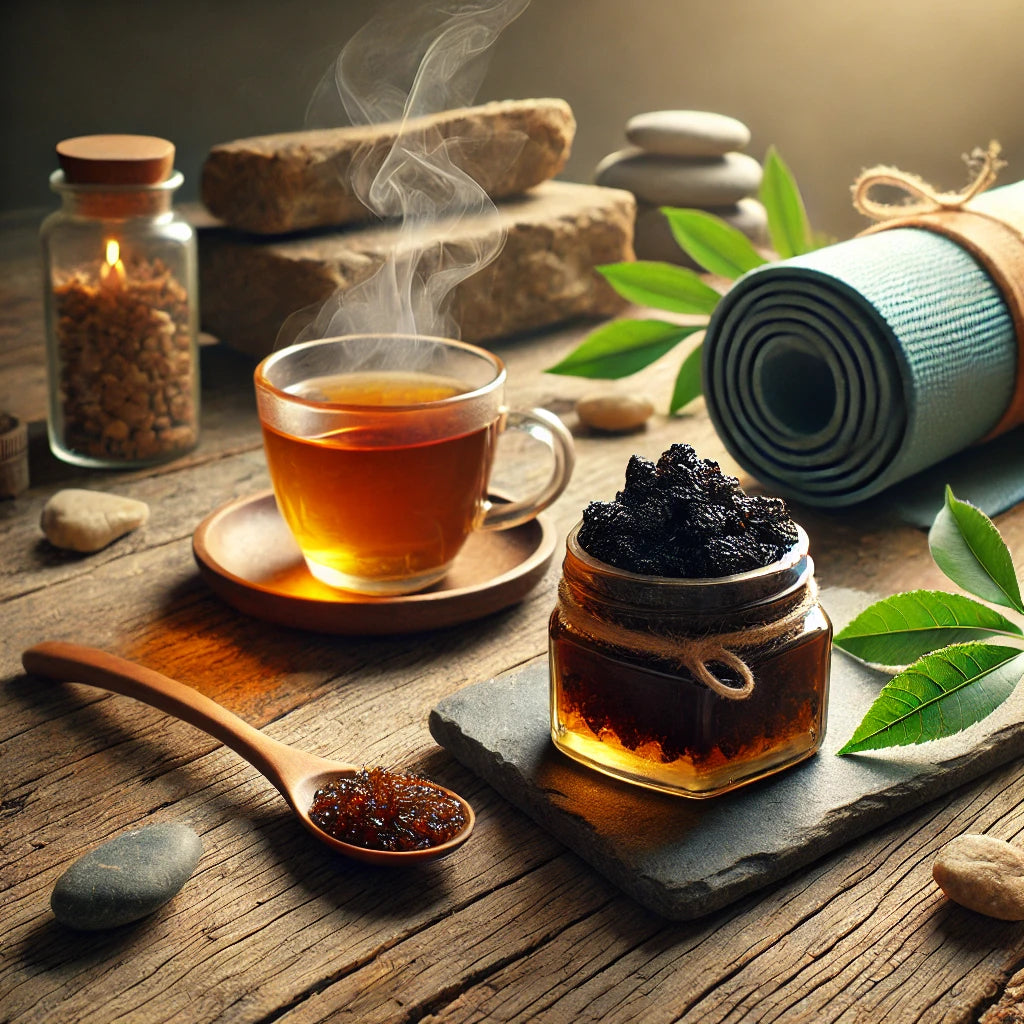 Glas Shilajit-thee met stoom, Shilajit-hars in een glas, houten lepel, groene bladeren en fitnessmat in een natuurlijke omgeving