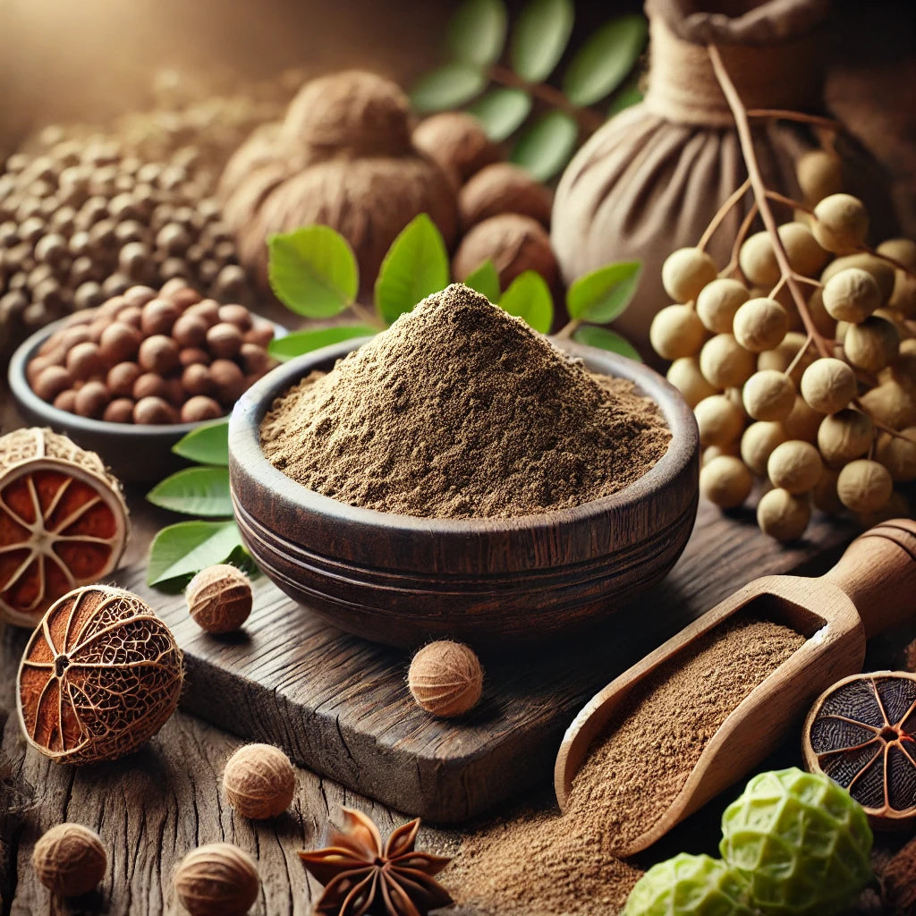 Schaal met Triphala-poeder, twee geopende capsules met uitstromend poeder en de drie vruchten Amalaki, Bibhitaki en Haritak