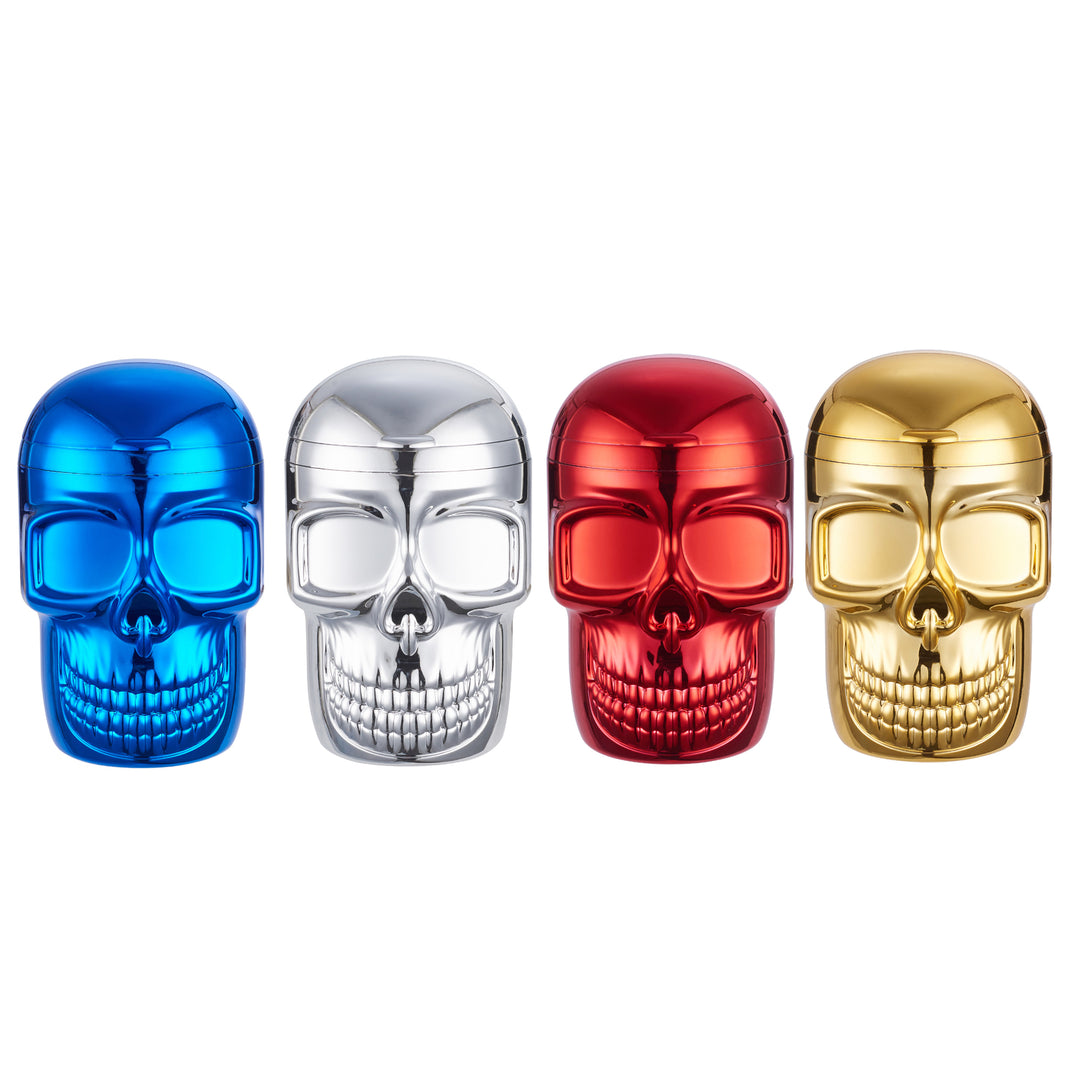 Bunte Schädel-Dosen in Blau, Silber, Rot, Gold