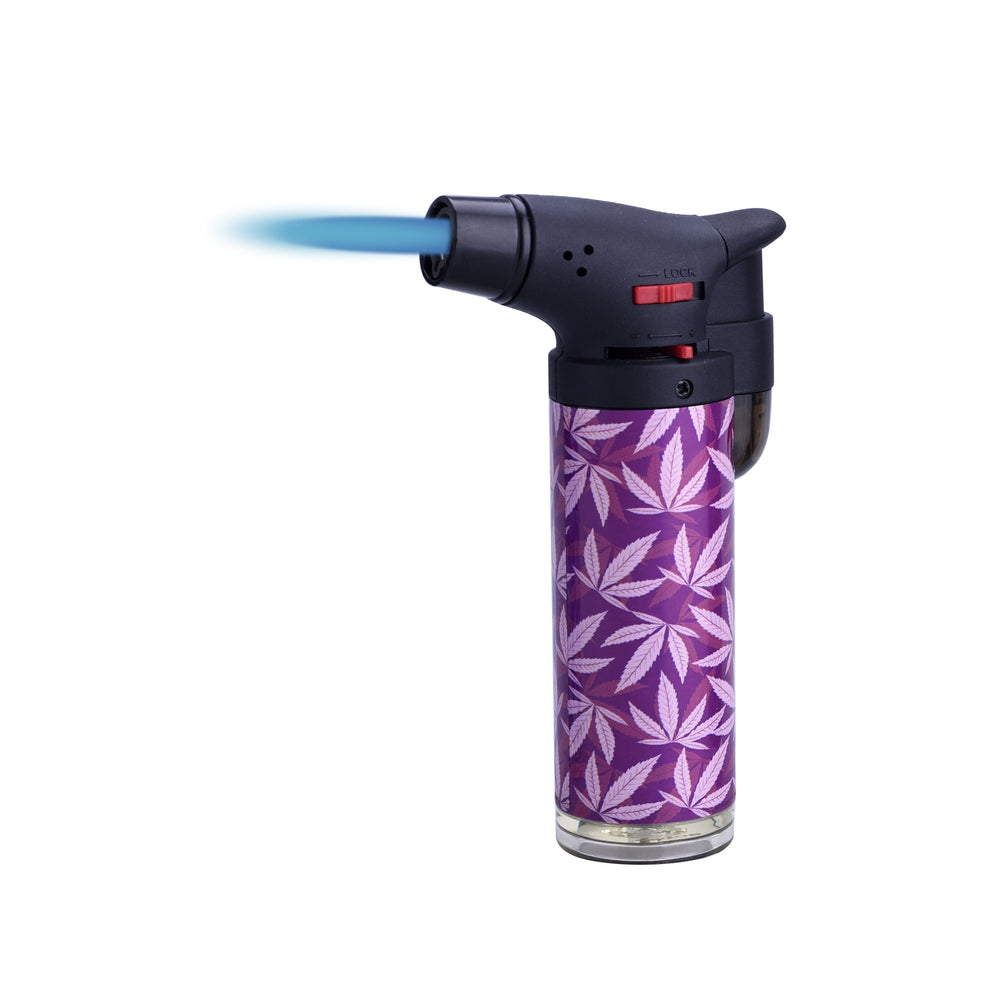 Lila Gasbrenner mit Hanfblatt-Muster und blauer Flamme