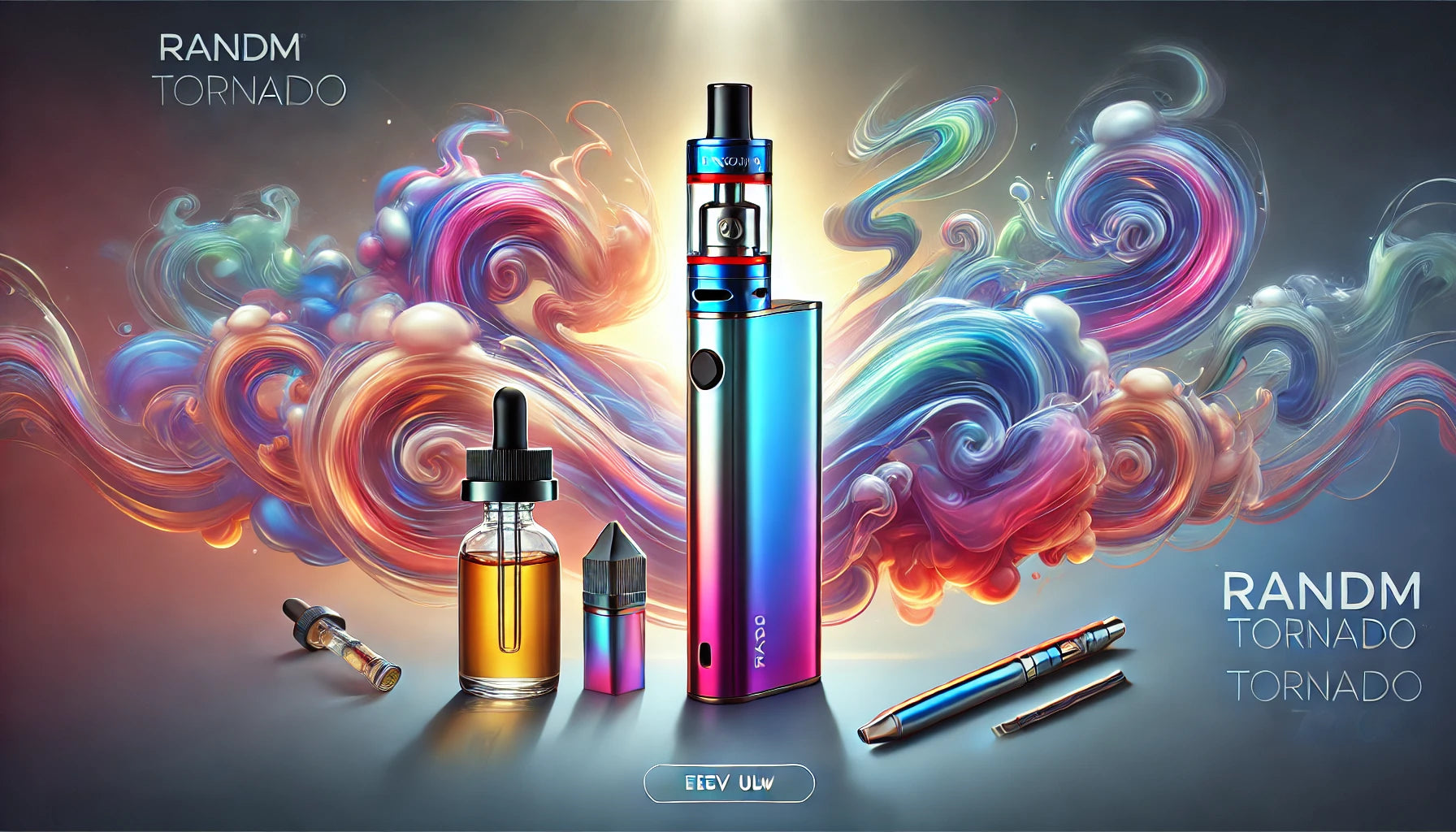 Strakke RandM Tornado 7000 Vape met transparante tank, omgeven door kleurrijke, abstracte rookwervels en E-Liquid-flesjes in een moderne, futuristische stijl.