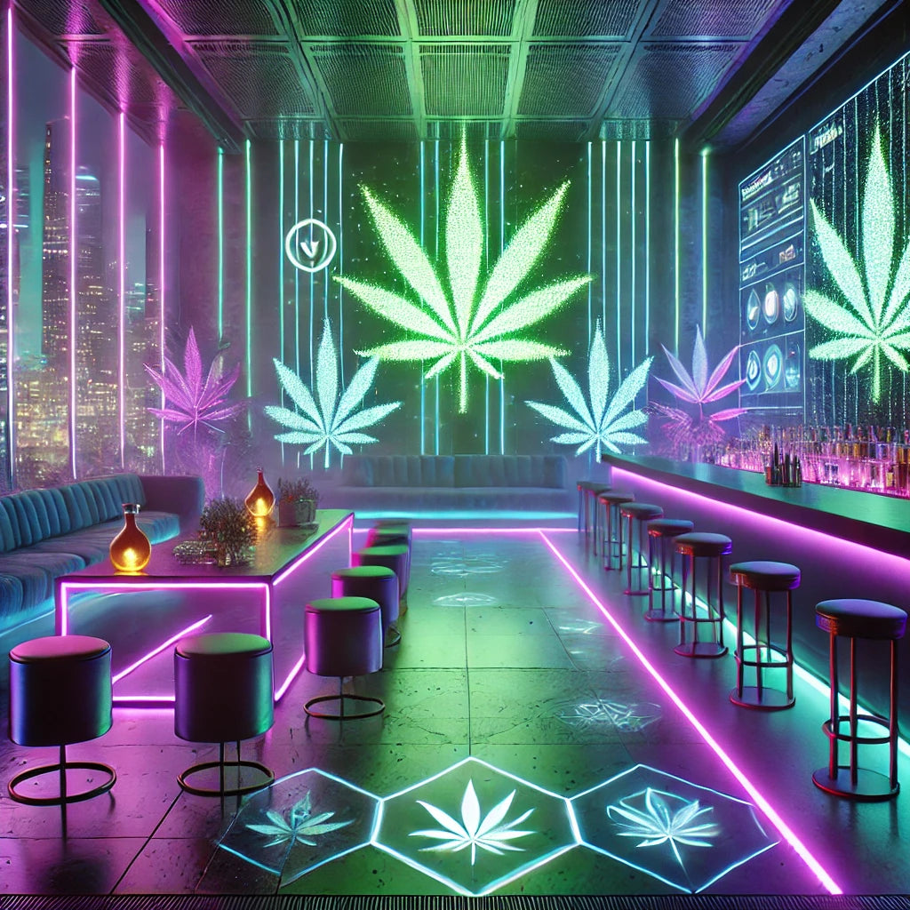 Futurystyczny social club z motywem konopi w stylu cyberpunk. Pomieszczenie oświetlone jest zielonymi i fioletowymi neonami, z podświetlanymi symbolami liści konopi i nowoczesnym, stylowym wystrojem. Holograficzne ekrany wyświetlają abstrakcyjne, inspirowane konopiami wizualizacje, a metaliczne tekstury i panele LED podkreślają high-techowy klimat. Przez duże okna w tle widać futurystyczne miasto nocą.