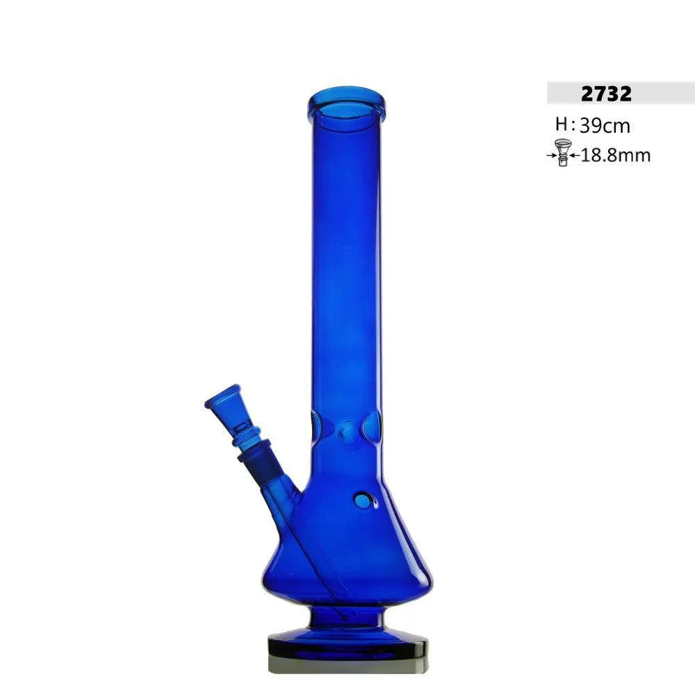 Bong de vidrio azul cilíndrico con barriga H: 39 cm con hielo y agujero kick