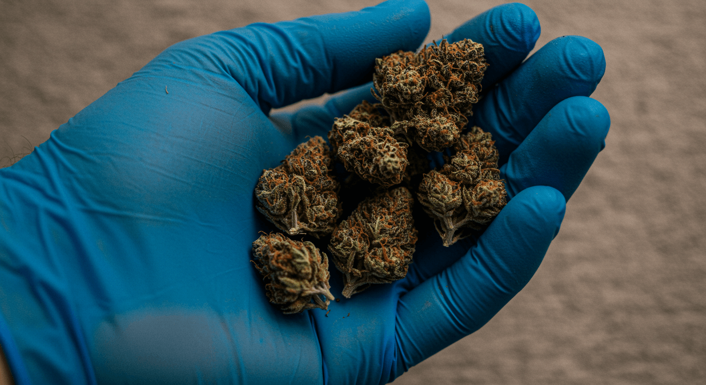 Cogollos de Mimosa x Orange Punch en la mano. Guantes de látex azules. Variedad de cannabis Mimosa x Orange Punch.