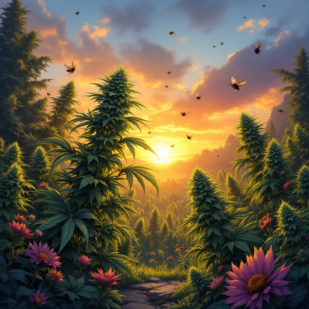 Naturalny plenerowy widok ogrodu konopi o zachodzie słońca, gdzie złote odcienie oświetlają bogate w THC kwiaty i bujne liście, otoczone różnorodnymi kwitnącymi roślinami i owadami.
