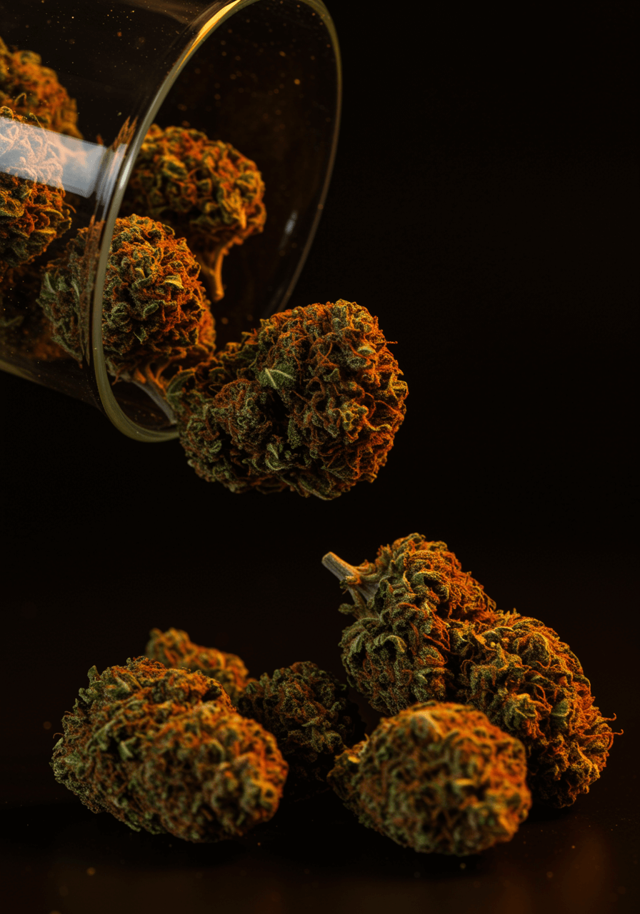 Isla OG konzervált kannabisz, Isla OG kannabisz, amely egy üvegből esik ki