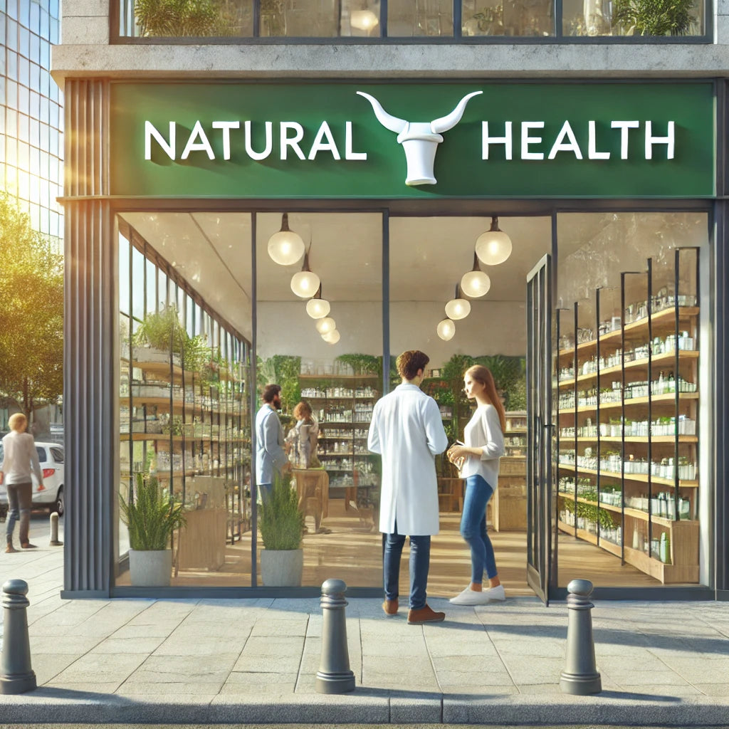 Moderne apotheek met groen bord en glazen gevel in een zonnige stadsstraat
