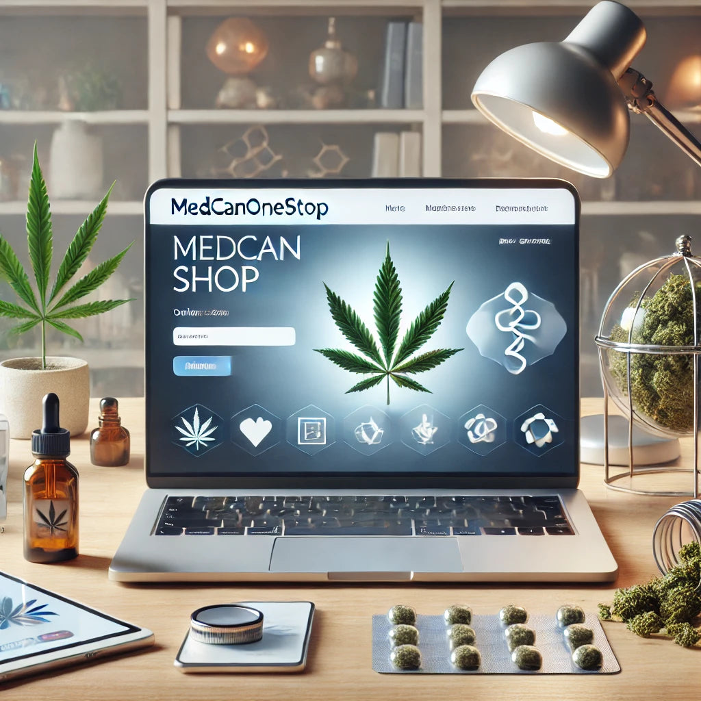 Modern online shop-ontwerp voor Medcanonestop met laptop en smartphone, subtiele cannabisbladeren en medische symbolen op de achtergrond