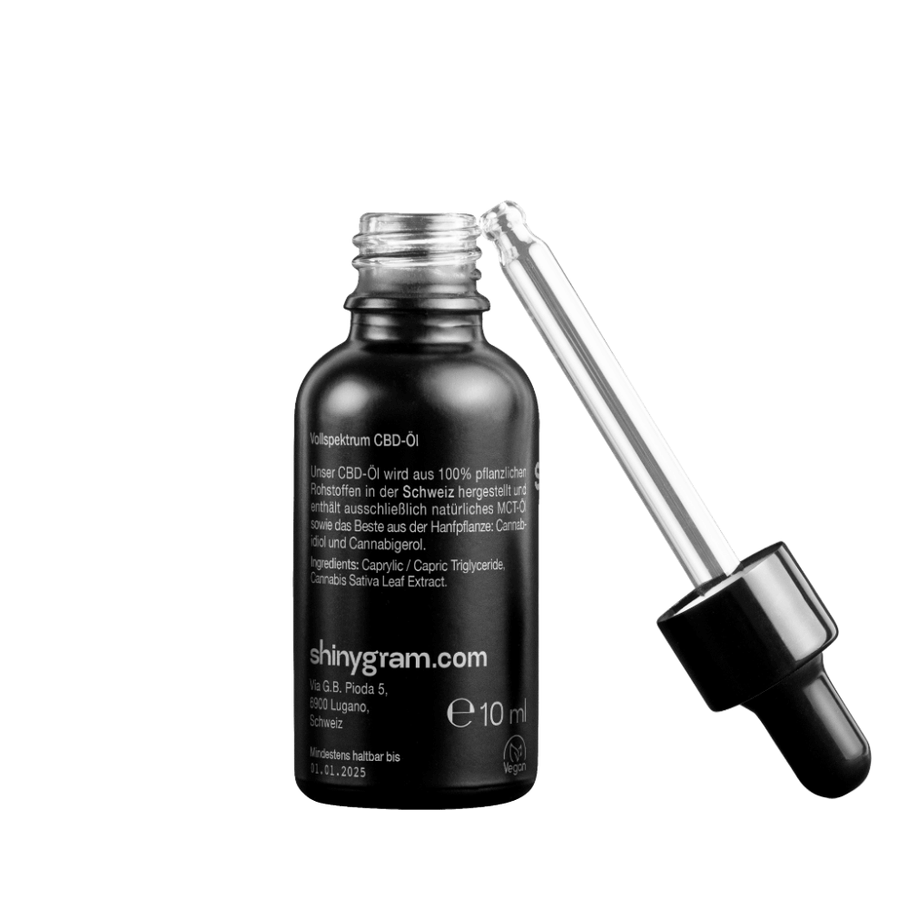 shinygram CBD-Öl mit Pipette und Rückseite der Flasche