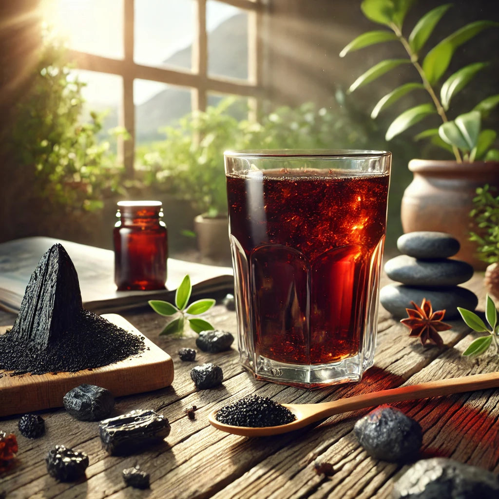 Pohár Shilajit-ital faasztalon, körülötte gyógynövények, Shilajit-gyanta és fitnesznapló meleg napfényben.